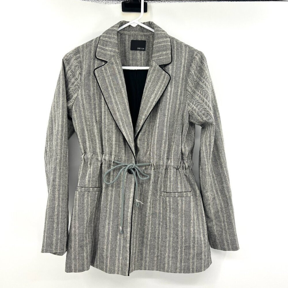 Greylin Herringbone Print Gray Black Cinch Waist Jacket Women's Medium